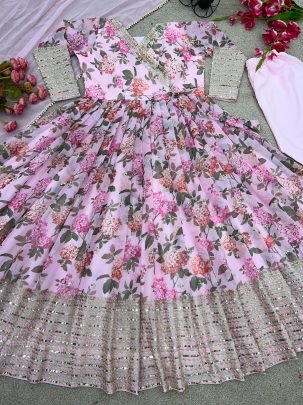 Fully Flared Georgette Digital Print Pink Gown