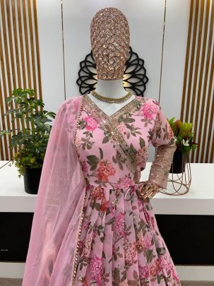 Fully Flared Georgette Digital Print Pink Gown