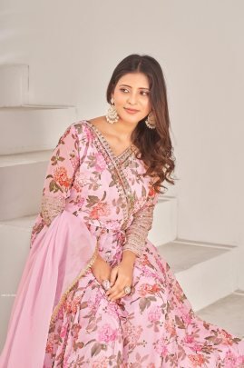 Fully Flared Georgette Digital Print Pink Gown