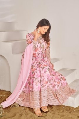 Fully Flared Georgette Digital Print Pink Gown