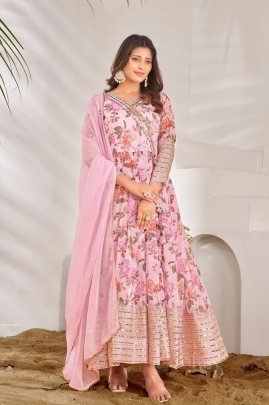 Fully Flared Georgette Digital Print Pink Gown