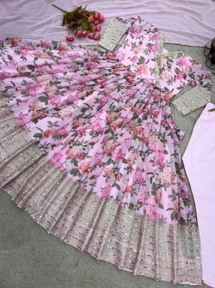 Fully Flared Georgette Digital Print Pink Gown