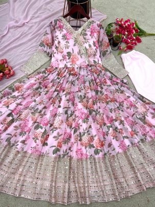 Fully Flared Georgette Digital Print Pink Gown