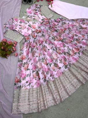 Fully Flared Georgette Digital Print Pink Gown