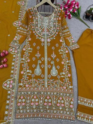 fully stitched faux georgette and heavy embroidery sequence work top bottom and dupatta set