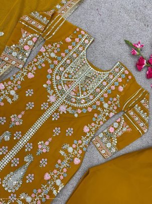 fully stitched faux georgette and heavy embroidery sequence work top bottom and dupatta set