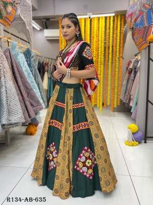 Fully Stitched Green Rayon Printed Lehenga Choli With Garmthi Work Lace And Patch Work