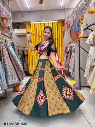 Fully Stitched Green Rayon Printed Lehenga Choli With Garmthi Work Lace And Patch Work