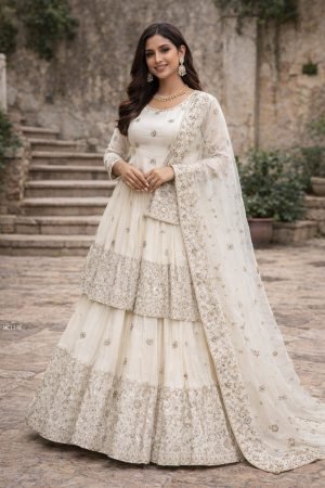 Fully Stitched off White Peplum Lehenga Choli 