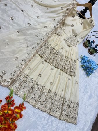 Fully Stitched off White Peplum Lehenga Choli