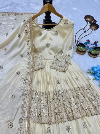 Fully Stitched off White Peplum Lehenga Choli