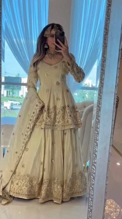 Fully Stitched off White Peplum Lehenga Choli