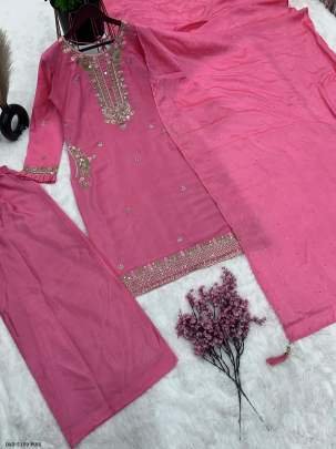 Fully Stitched Pure Chinon Pink Suit with Heavy Embroidery