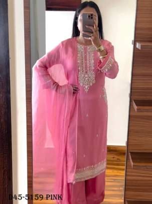 Fully Stitched Pure Chinon Pink Suit with Heavy Embroidery