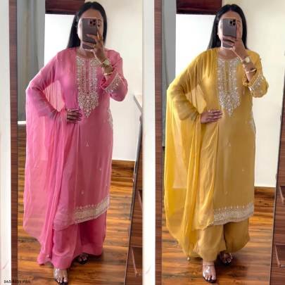 Fully Stitched Pure Chinon Pink Suit with Heavy Embroidery