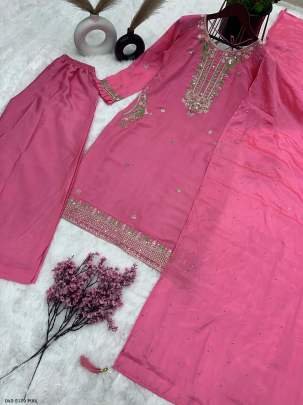 Fully Stitched Pure Chinon Pink Suit with Heavy Embroidery