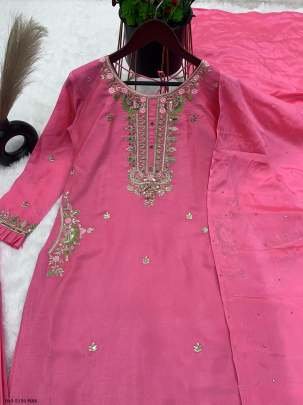 Fully Stitched Pure Chinon Pink Suit with Heavy Embroidery