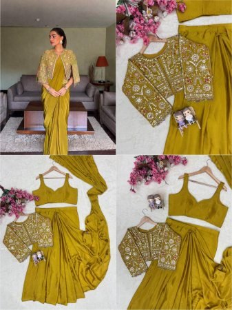 Fully Stitched Yellow Designer Lehenga Saree with Blouse