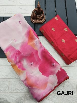 Gajri Shibori Printed Chiffon Saree With Mirror Work