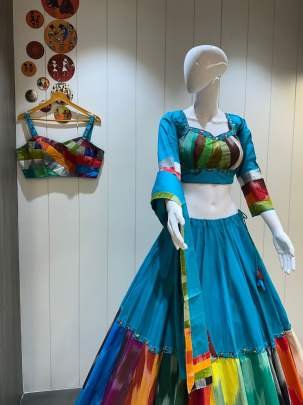 Gamthi Work 8 mtr Flair Chaniya Choli In Ikkat Cotton