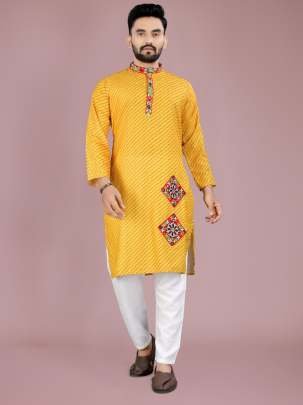 Gamthi Work Heavy Cotton Yellow Kurta And Pyjama