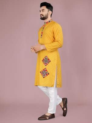 Gamthi Work Heavy Cotton Yellow Kurta And Pyjama