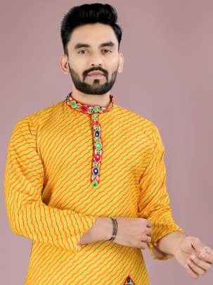 Gamthi Work Heavy Cotton Yellow Kurta And Pyjama