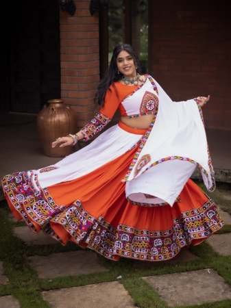 Gamthi Work Orange Colour Navratri Lehenga