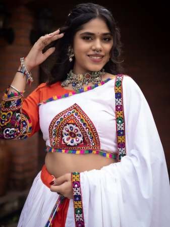 Gamthi Work Orange Colour Navratri Lehenga
