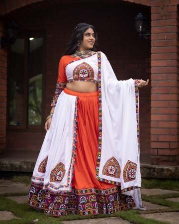 Gamthi Work Orange Colour Navratri Lehenga