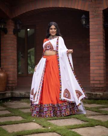 Gamthi Work Orange Colour Navratri Lehenga