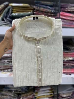 Gents Cream Traditional Silk Kurta With Cotton Pajama