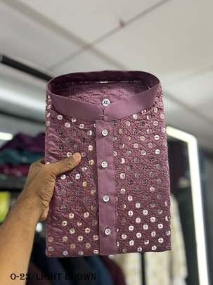 Gents Light Brown Kurta and Pyjamas With Embroidery Work