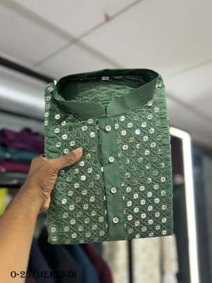  Gents Mehendi Kurta and Pyjamas With Heavy Embroidery Work