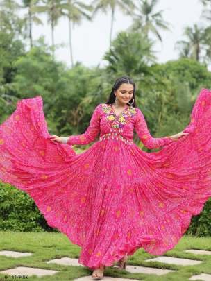 Georgette Bandhani Print Pink Gown