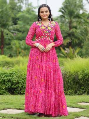 Georgette Bandhani Print Pink Gown