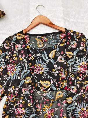 Georgette Black Flower Pattern Indo Western Dress