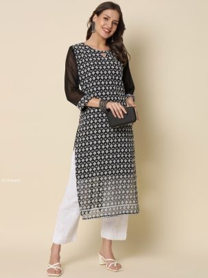Georgette Chikankari Embroidered Black Kurti Set 