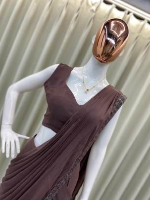 Georgette Coco Colour Ready To Wear Saree With Koti