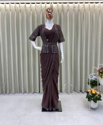 Georgette Coco Colour Ready To Wear Saree With Koti