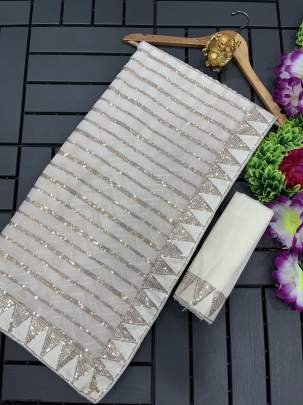 Georgette Embroidered Work Cream Saree