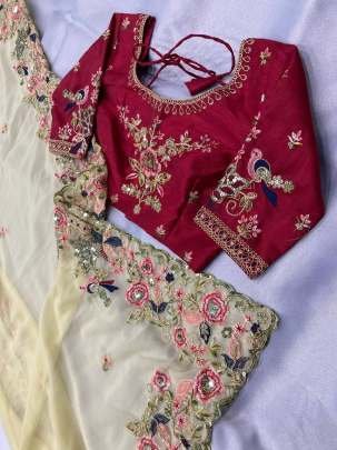 Georgette Embroidery Work Cream Color Saree