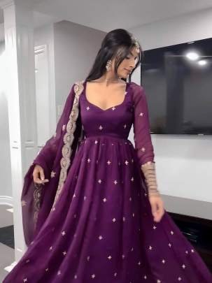 Georgette Embroidery Work Purple Color Gowns