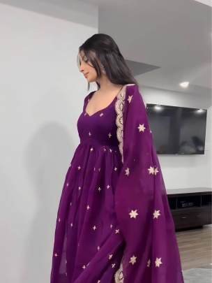 Georgette Embroidery Work Purple Color Gowns