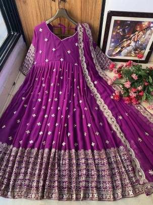 Georgette Embroidery Work Purple Color Gowns