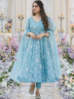 Georgette Fabric Resham Embroidery Kurti Pant Dupatta Set