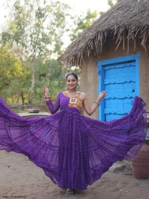 Georgette kutchi patchwork Fancy sleeves Purple Long Gown