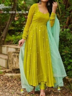 Georgette Neon Lime Anarkali Suit with Dupatta Set