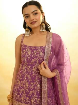 Georgette Onion Pink Colour Sequins Work Sharara Suit