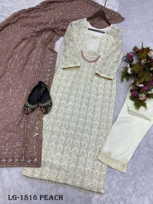 Georgette Peach Embroidery Kurti With Heavy Dupatta